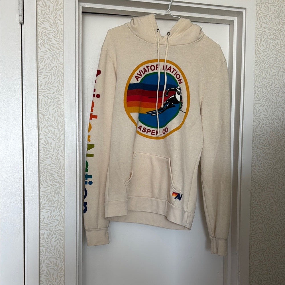 Aviator Nation Cream Sweater with Circular Emblems